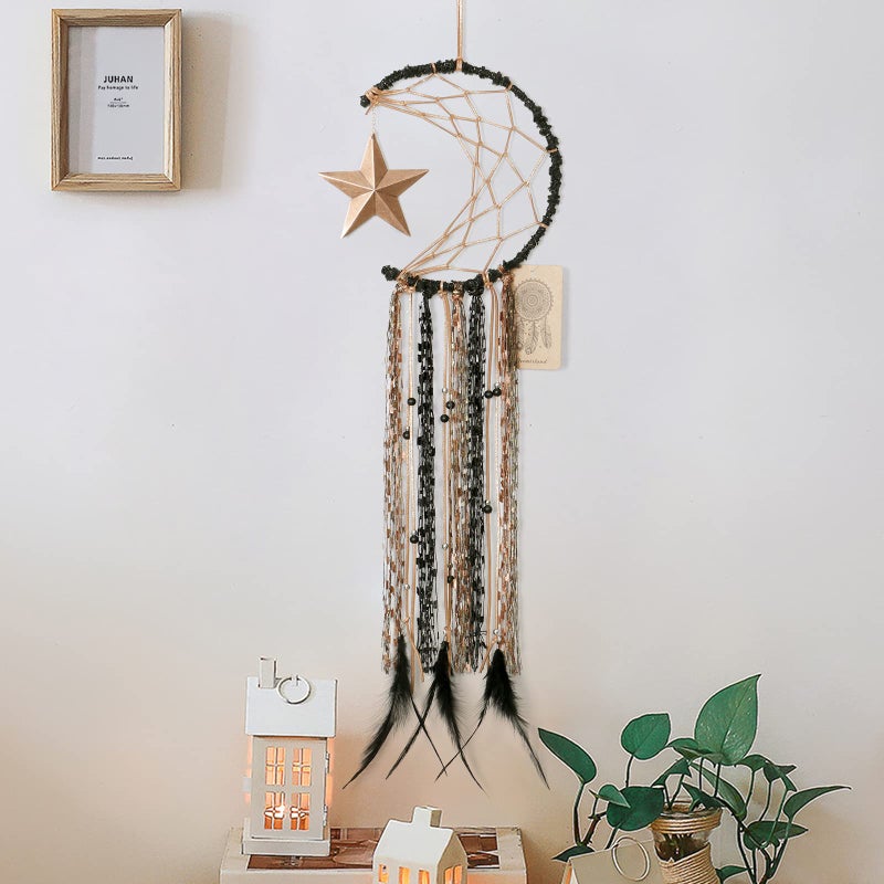 Dremisland Moon Dream Catcher Handmade Half Circle Moon Design Dream Catcher Feather Hanging with Star Home Decoration Ornament Festival Gift (Brown) - Image 5