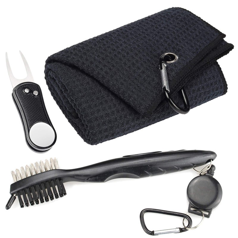 Mile High Life Microfiber Waffle Pattern Golf Towel  Club Groove Cleaner Brush  Foldable Divot Tool with Magnetic Ball Marker Black TowelBrushBone Divot