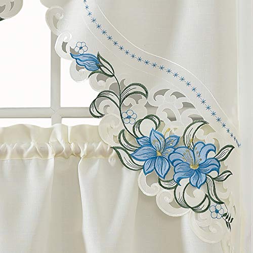 GOHD Golden Ocean Home Decor GOHD Lily Fragrance 3pcs MultiColor Embroidery Kitchen Cafe Curtain Set Swag and Tiers Set with cutworks Blue