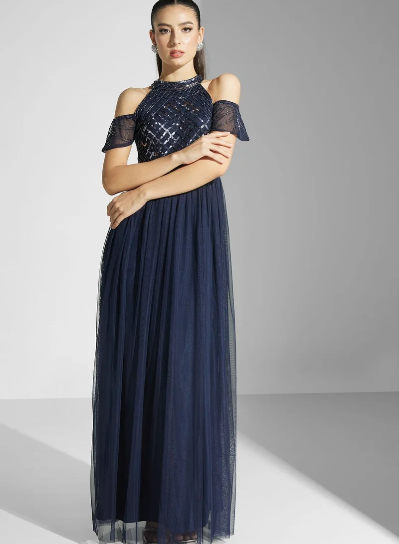 Namshi x Cold Shoulder Embellished Maxi Dress