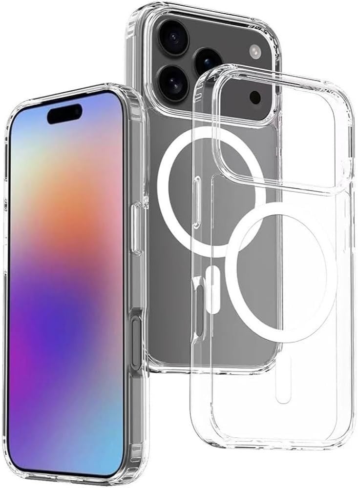 جراب ايفون 17 برو ماكس  مزود بحامل مغناطيسي معزز للشحن اللاسلكي متوافق مع  مج سيف من الخلف وجوانب شفافة من السيليكون