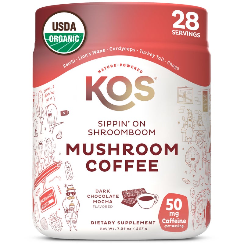 KOS Mushroom Coffee - USDA Certified Organic - Dark Chocolate Mocha Flavor - Mushroom Coffee Latte Powder with Reishi, Cordyceps, Lion's Mane, Chaga & Turkey Tail Mushrooms - Image 1
