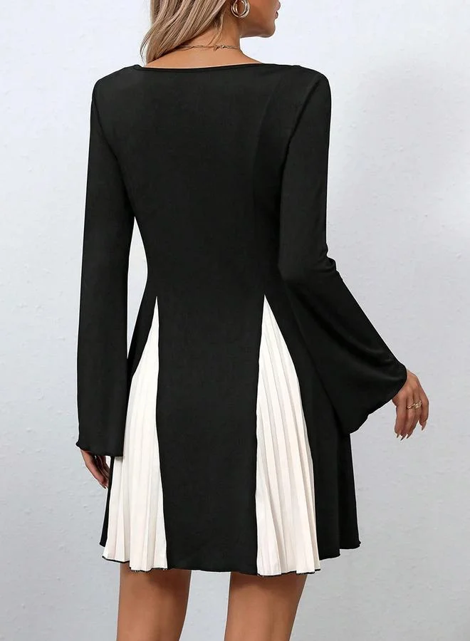 Take Two Women's Solid Pleated Detail Round Neck Flare Sleeve Mini Dress