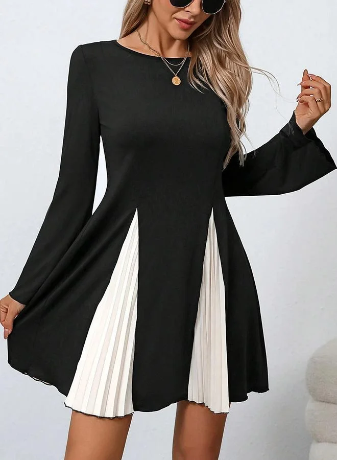 Take Two Women's Solid Pleated Detail Round Neck Flare Sleeve Mini Dress