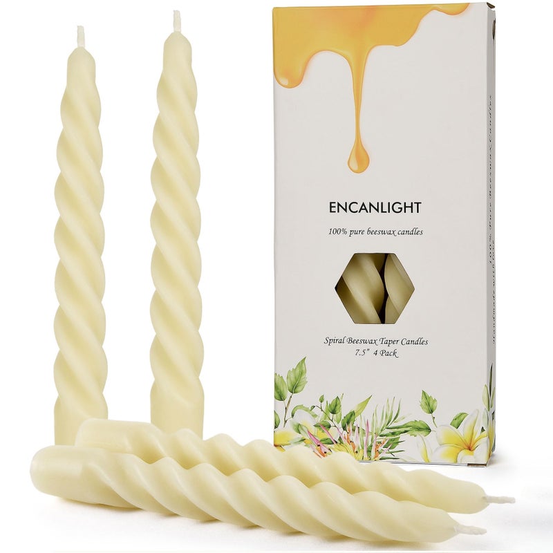 ENCANLIGHT 75 inch Natural Pure Hand Poured Spiral Bees waxs Tapered Candle 4 PacksUnscented Dripless Twisted CandlesticksWick and Smokeless for Home Decorations Yoga - Image 2