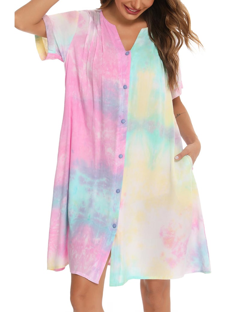 YOZLY House Dress Women Cotton Duster Robe Short Sleeve Housecoat Button Down Nightgown Multicolor X-Large - Image 1