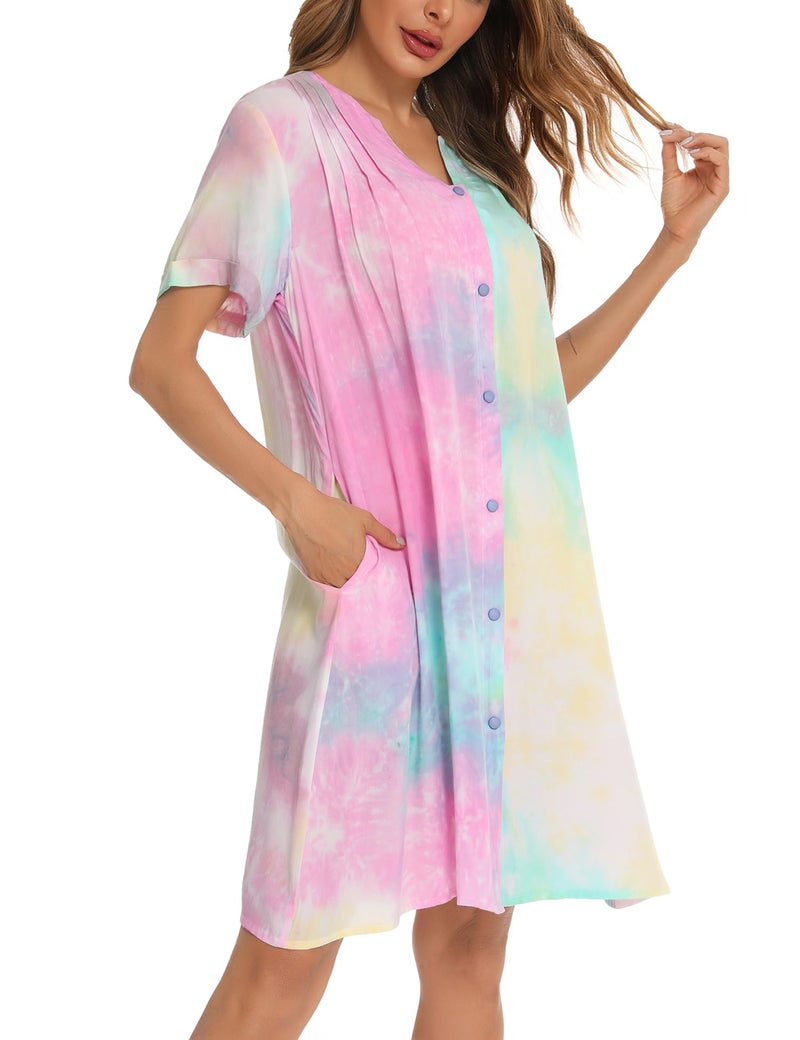 YOZLY House Dress Women Cotton Duster Robe Short Sleeve Housecoat Button Down Nightgown Multicolor X-Large - Image 2