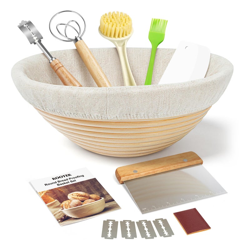 Kootek Banneton Bread Proofing Basket Set, 9 Inch Round Sourdough Starter Kit, Baking Supplies Tools with Dough Whisk, Scoring Lame, and Other Accessories for Artisan Bread Making - Image 1