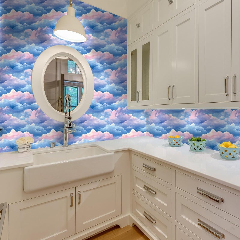 VaryStyle Aesthetic Cloud Wallpaper Bright Blue/Pink Sky Wallpaper Peel and Stick Contact Paper for Walls Nursery 17.7"x118" Decorative Self Adhesive Stick on Wall Paper for Bedroom Drawers Bathroom - Image 5