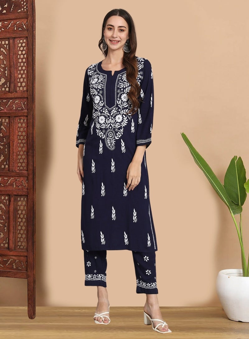 Alaya Women Hand Embroidered Chikankari Cotton kurta set-AL3451KS  - Image 1