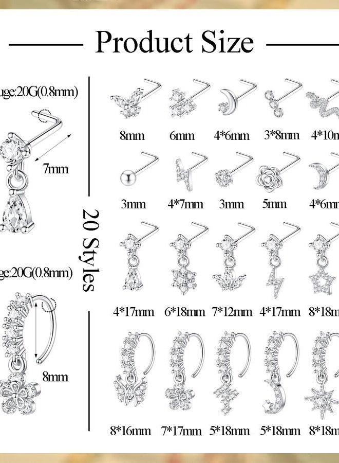 CASDAN 20Pcs 20G Surgical Steel Dangle Nose Rings for Women L Shaped Dangling Nose Rings Studs Hoops Stainless Steel Flower Butterfly Moon Dangle Nose Piercing Jewelry(Gold/Silver Color) - Image 3