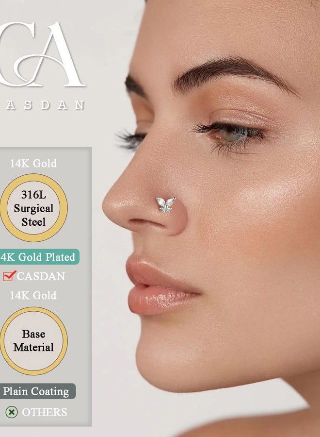 CASDAN 20Pcs 20G Surgical Steel Dangle Nose Rings for Women L Shaped Dangling Nose Rings Studs Hoops Stainless Steel Flower Butterfly Moon Dangle Nose Piercing Jewelry(Gold/Silver Color) - Image 2