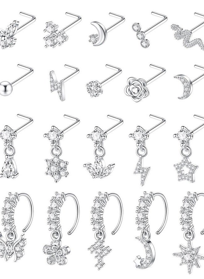 CASDAN 20Pcs 20G Surgical Steel Dangle Nose Rings for Women L Shaped Dangling Nose Rings Studs Hoops Stainless Steel Flower Butterfly Moon Dangle Nose Piercing Jewelry(Gold/Silver Color) - Image 1