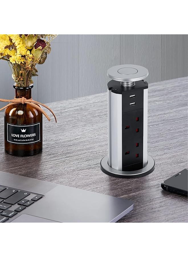 PROMASS promass Pop Up Socket, Pull Pop Up Electrical Plug Socket Extension with 3 UK Sockets & 2 USB Charger Ports for Home Office Kitchen Worktops Desktop, Aluminum Alloy Shell, 1.8 m Extension Cord - Image 1