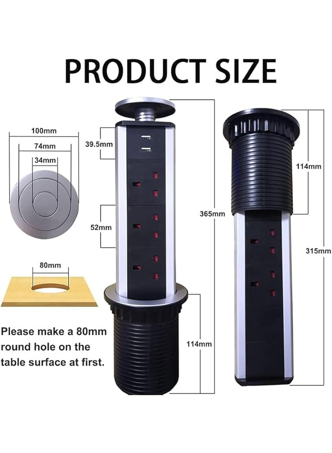 PROMASS promass Pop Up Socket, Pull Pop Up Electrical Plug Socket Extension with 3 UK Sockets & 2 USB Charger Ports for Home Office Kitchen Worktops Desktop, Aluminum Alloy Shell, 1.8 m Extension Cord - Image 2