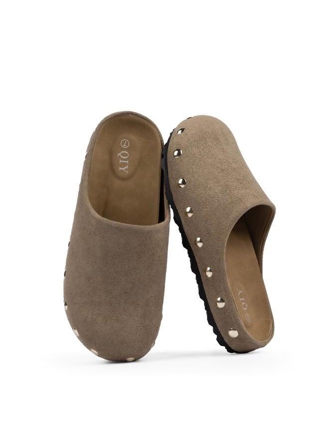QIY Clogs for Women Slip on Faux Suede Studded Mules Comfortable Footbed Mule Potato Shoes for Women, Taupe, 7 - Image 5