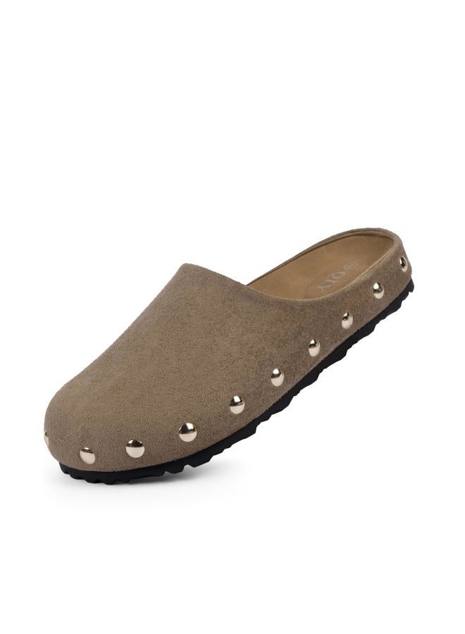 QIY Clogs for Women Slip on Faux Suede Studded Mules Comfortable Footbed Mule Potato Shoes for Women, Taupe, 7 - Image 4