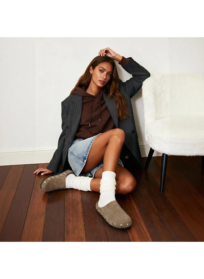 QIY Clogs for Women Slip on Faux Suede Studded Mules Comfortable Footbed Mule Potato Shoes for Women, Taupe, 7 - Image 2