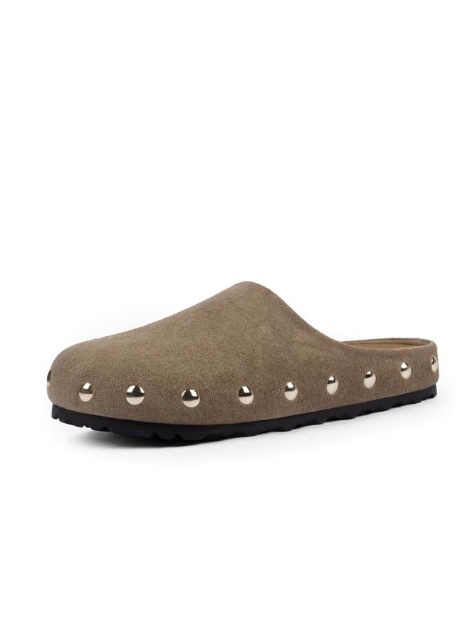 QIY Clogs for Women Slip on Faux Suede Studded Mules Comfortable Footbed Mule Potato Shoes for Women, Taupe, 7 - Image 1