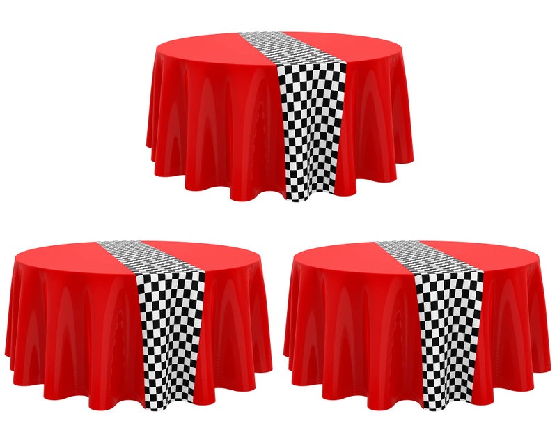 Oudain Cars Birthday Party Supplies Racing Party Decorations Round Racing Tablecloth Checkered Flag Table Covers Road Plastic Table Cloth, 1950s Disco Dancing Party Tablecloth (Red,3 Pcs) - Image 1