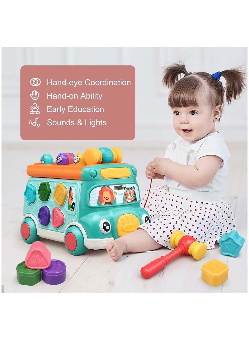 Y&D Cute Stone Push Pull Bus Toy, Baby Musical Learning Toys with Sound & Light, Whack-a-Mole Game, Shape Matching, Gear, Toy Clock, Activity Early Education Gift for Toddler Boys Girls  - Image 1