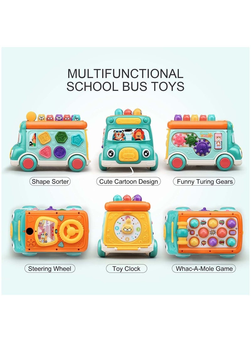 Y&D Cute Stone Push Pull Bus Toy, Baby Musical Learning Toys with Sound & Light, Whack-a-Mole Game, Shape Matching, Gear, Toy Clock, Activity Early Education Gift for Toddler Boys Girls  - Image 3