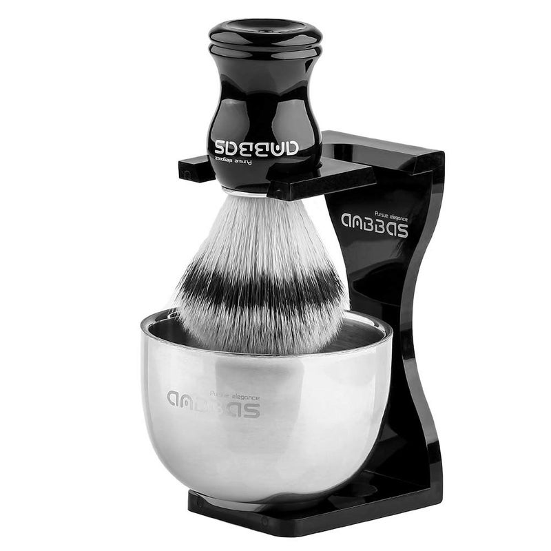Anbbas Shaving Brush Synthetic Badger Hair with Stainless Steel Shaving Bowl,Black Acrylic Shaving Stand Holer for DE Razor Men Traditional Shave - Image 1