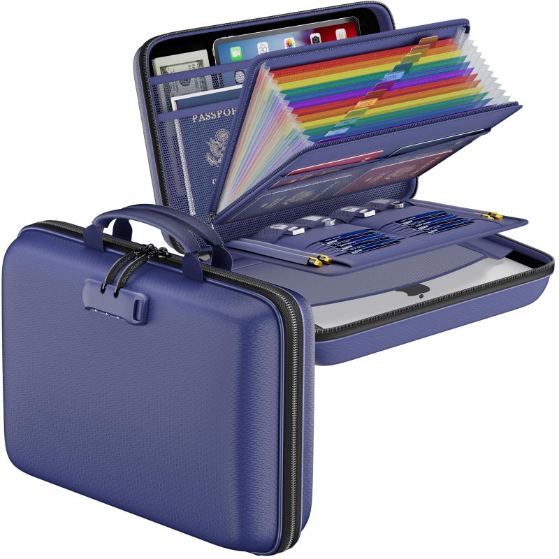 DocSafe Fireproof File Organizer with Lock, Hard-Shell Case Fireproof Document Box with 13 Pocket Accordion File Folder, Portable Home Office Travel Safe Storage for Important Documents Laptop Blue - Image 1