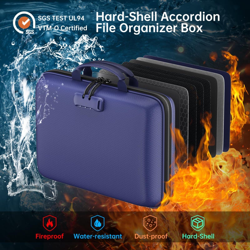 DocSafe Fireproof File Organizer with Lock, Hard-Shell Case Fireproof Document Box with 13 Pocket Accordion File Folder, Portable Home Office Travel Safe Storage for Important Documents Laptop Blue - Image 2