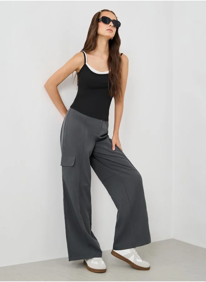 تايك تو Take Two Women Grey Solid Flat Front Cargo Pants with Belt Loops