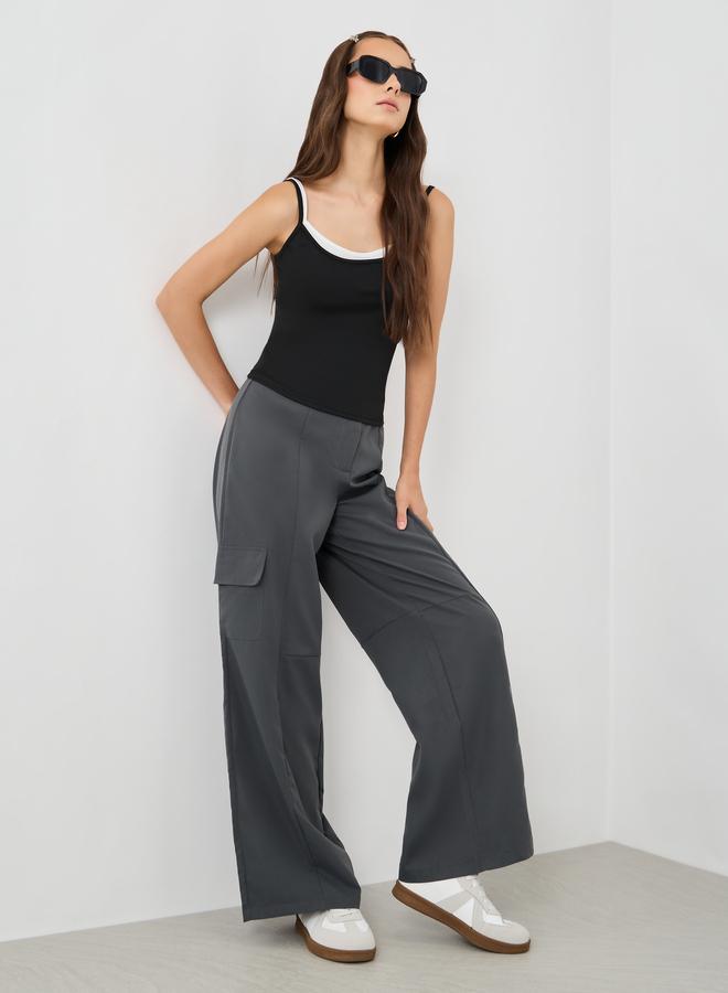 Take Two Take Two Women Grey Solid Flat Front Cargo Pants with Belt Loops  - Image 1