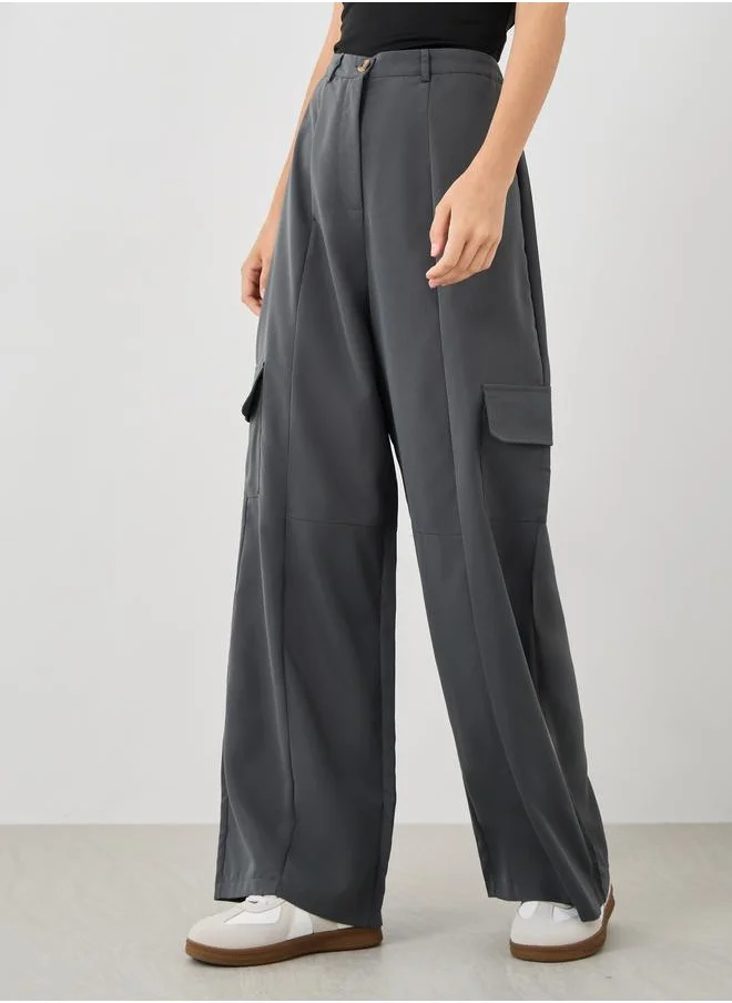 تايك تو Take Two Women Grey Solid Flat Front Cargo Pants with Belt Loops