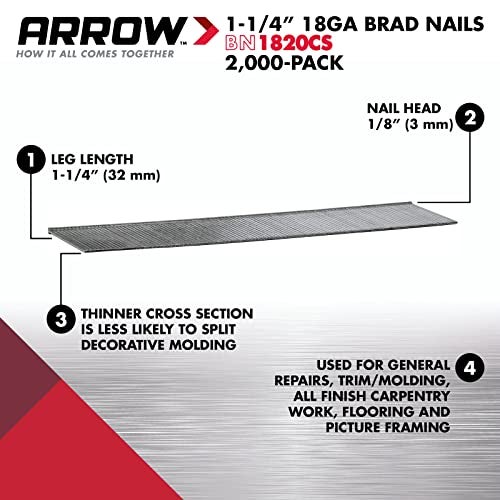 Arrow Fastener Arrow BN1820CS 18-Gauge Steel Brad Nails for Molding, Cabinets, Framing, Trim, and Finishing, Safe to Use with Electric or Battery Powered Nailers, Steel, 1-1/4 Inch, 1000 Pack - Image 2