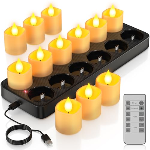 PChero Rechargeable Flameless Candles with Remote Timer Charging Base 12 Pack Votive Candles Battery Operated Tea Lights Flickering LED Tealights for Home Wedding Halloween Fall Christmas Decor - Image 1