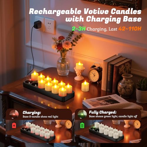 PChero Rechargeable Flameless Candles with Remote Timer Charging Base 12 Pack Votive Candles Battery Operated Tea Lights Flickering LED Tealights for Home Wedding Halloween Fall Christmas Decor - Image 3