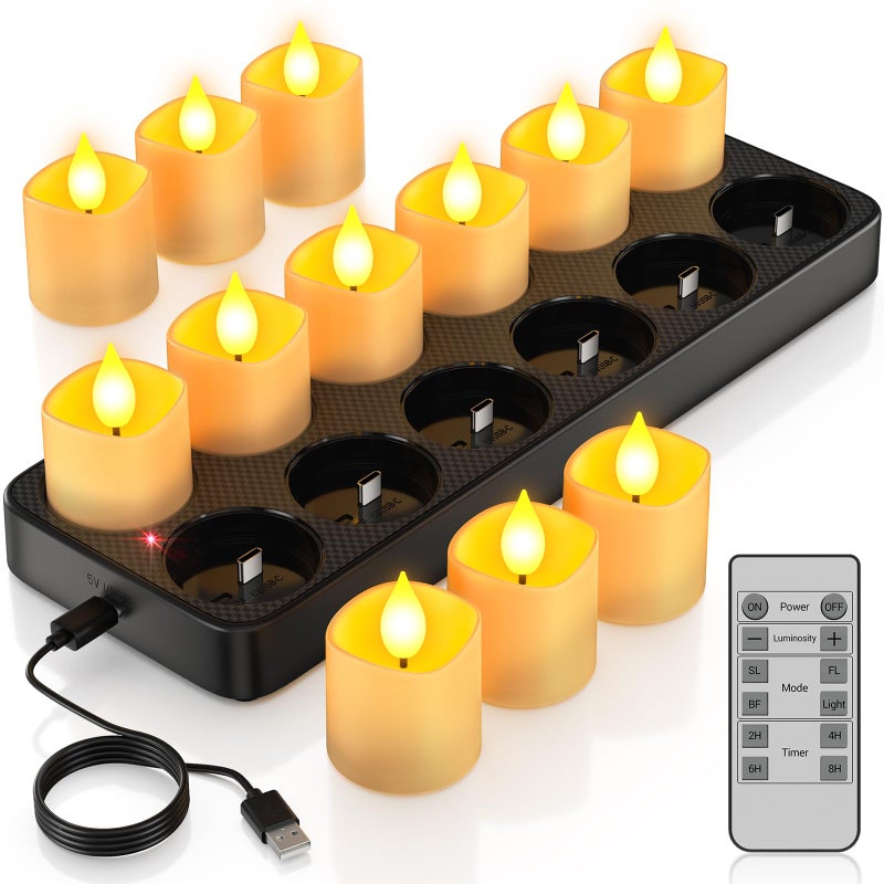 PChero Rechargeable Flameless Candles with Remote Timer Charging Base 12 Pack Votive Candles Battery Operated Tea Lights Flickering LED Tealights for Home Wedding Halloween Fall Christmas Decor - Image 2
