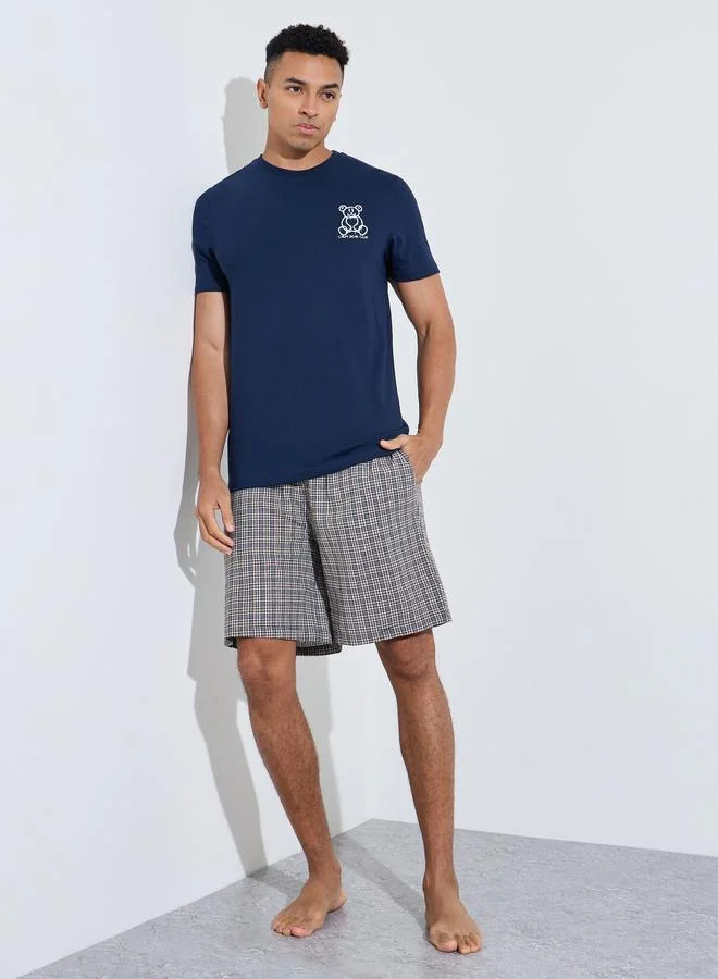 Men Printed Cotton T-Shirt And Checked Shorts Set