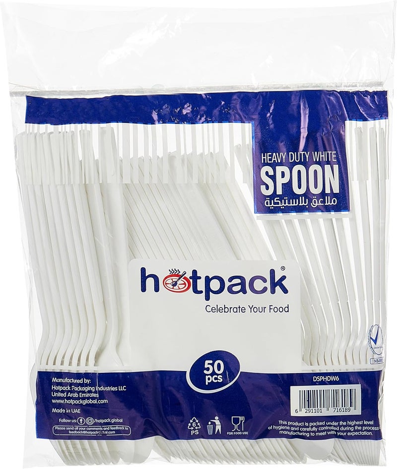 HOTPACK Heavy Duty Plastic Spoons White, 50 Pieces DSPHDW6 - Image 1