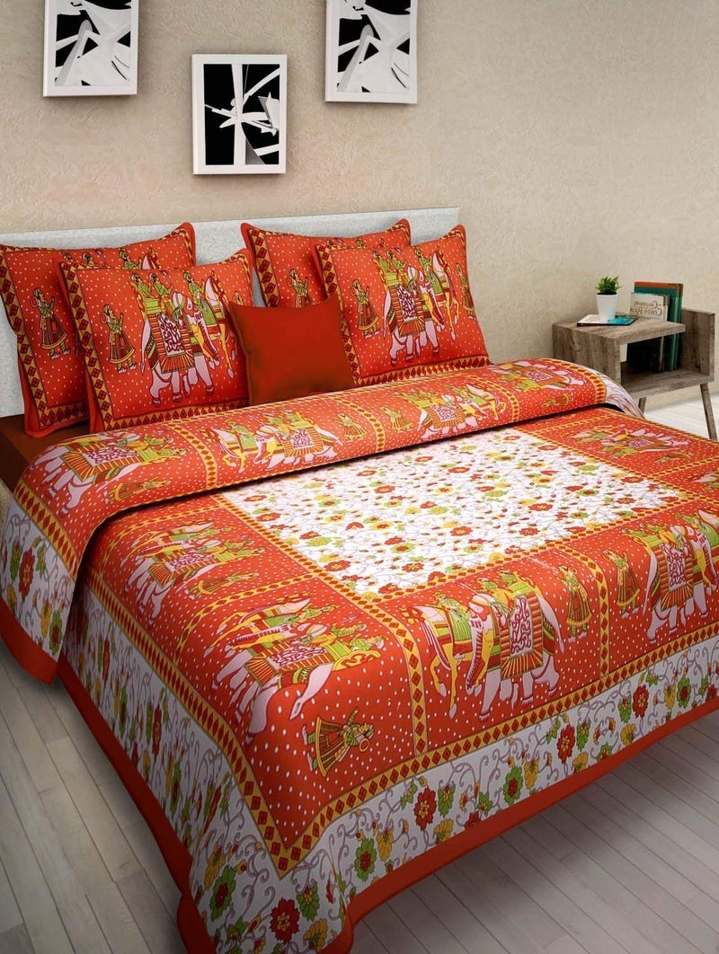 Ealth Kart Premium 100% Cotton Rajasthani Jaipuri Traditional King Size Double Bedsheet with 2 Pillow Covers (Orange) - Image 4