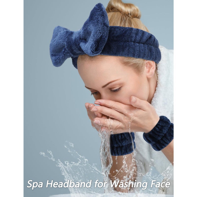 VELSCRUN Spa Headbands for Wash Face, Makeup Headband, Facial Skincare Headbands, 5 Pcs Dark Blue Puffy Sponge Spa Headband Bow Tie Hair Band Hair Clips Wristband Set Women Girls Accessories - Image 2