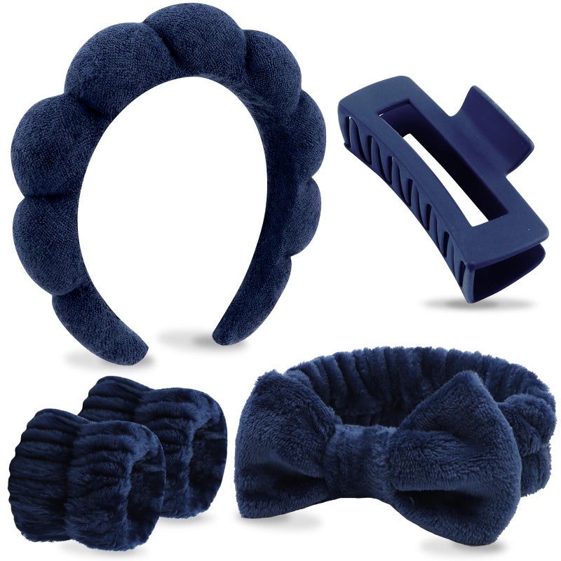 VELSCRUN Spa Headbands for Wash Face, Makeup Headband, Facial Skincare Headbands, 5 Pcs Dark Blue Puffy Sponge Spa Headband Bow Tie Hair Band Hair Clips Wristband Set Women Girls Accessories - Image 1