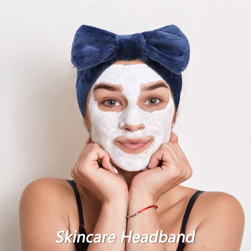 VELSCRUN Spa Headbands for Wash Face, Makeup Headband, Facial Skincare Headbands, 5 Pcs Dark Blue Puffy Sponge Spa Headband Bow Tie Hair Band Hair Clips Wristband Set Women Girls Accessories - Image 4