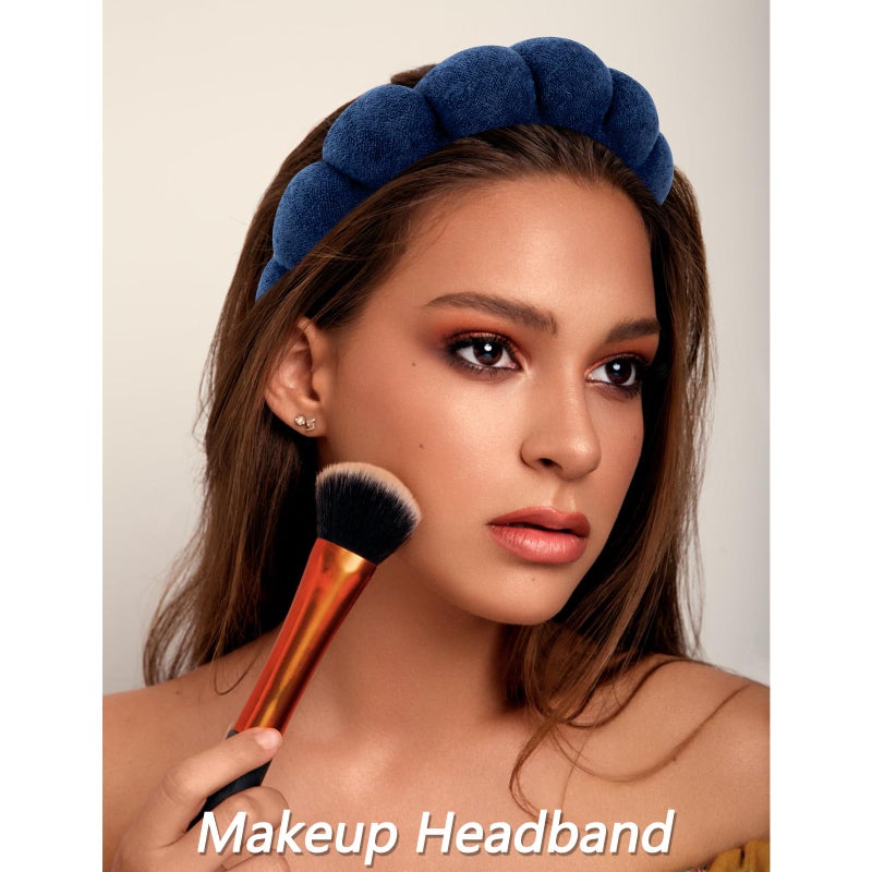 VELSCRUN Spa Headbands for Wash Face, Makeup Headband, Facial Skincare Headbands, 5 Pcs Dark Blue Puffy Sponge Spa Headband Bow Tie Hair Band Hair Clips Wristband Set Women Girls Accessories - Image 3