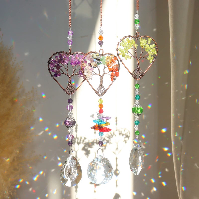 LPKADQA Crystal Sun Catcher Indoor Windows Hanging Tree of Life SunCatchers with Prisms Chakra Decor for Home Healing Pack of 3 
