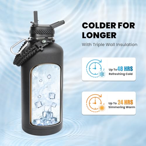 RAYMYLO Insulated Water Bottle 87 oz, Triple Wall Vacuum Stainless Steel (Cold for 48 Hrs), Leak Proof & Non-BPA, Modern Water Flask Jug with Paracord Handle & Straw Spout Lids, Magic Black - Image 2