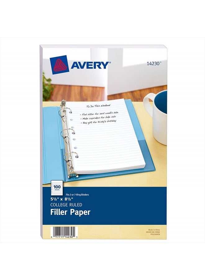 AVERY Avery Mini Binder Filler Paper for 3 Ring Binders or 7 Ring Binders, College Ruled, 5.5" x 8.5", 100 Sheets (14230) White - Image 1