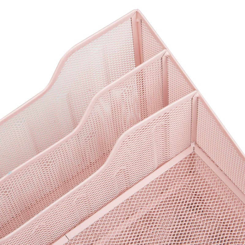 Mind Reader Metal Mesh Desktop File Organizer, 3-Tier Paper Tray with 5 Compartments, Office Mail Sorter, Pink - Image 4