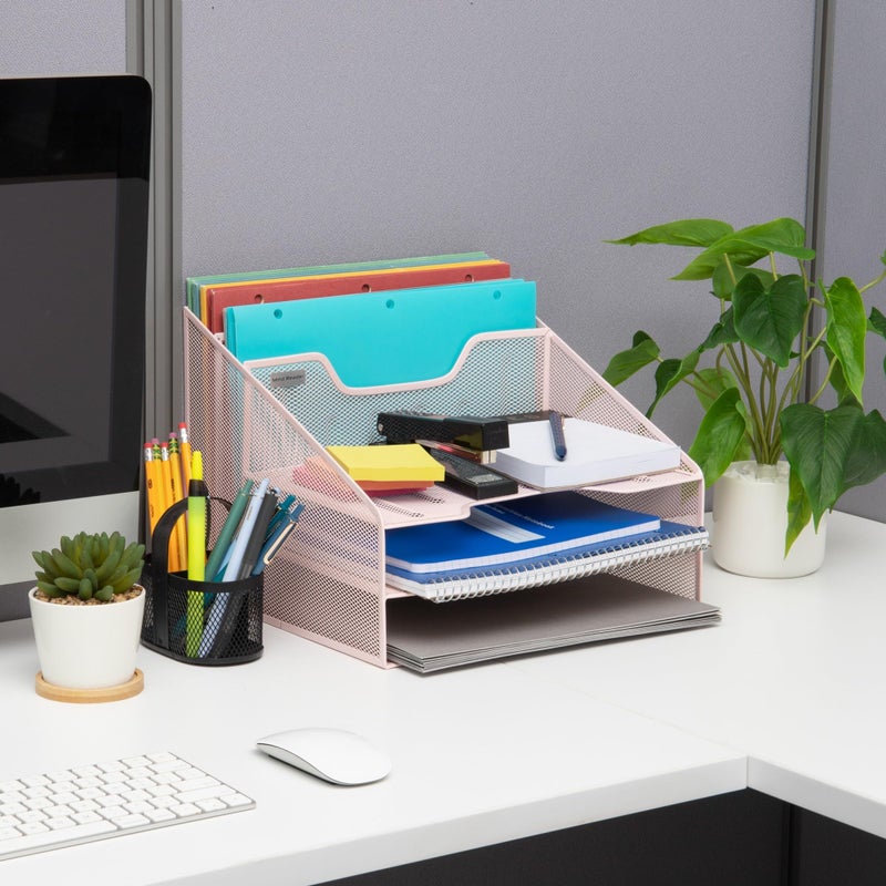 Mind Reader Metal Mesh Desktop File Organizer, 3-Tier Paper Tray with 5 Compartments, Office Mail Sorter, Pink - Image 2