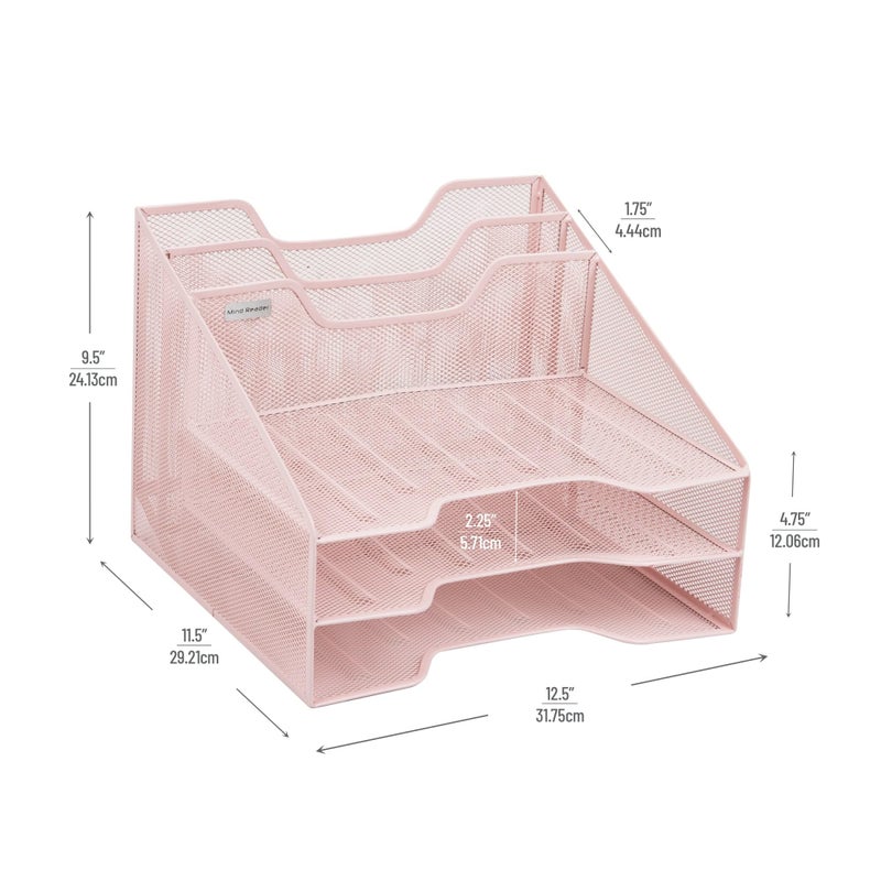 Mind Reader Metal Mesh Desktop File Organizer, 3-Tier Paper Tray with 5 Compartments, Office Mail Sorter, Pink - Image 3
