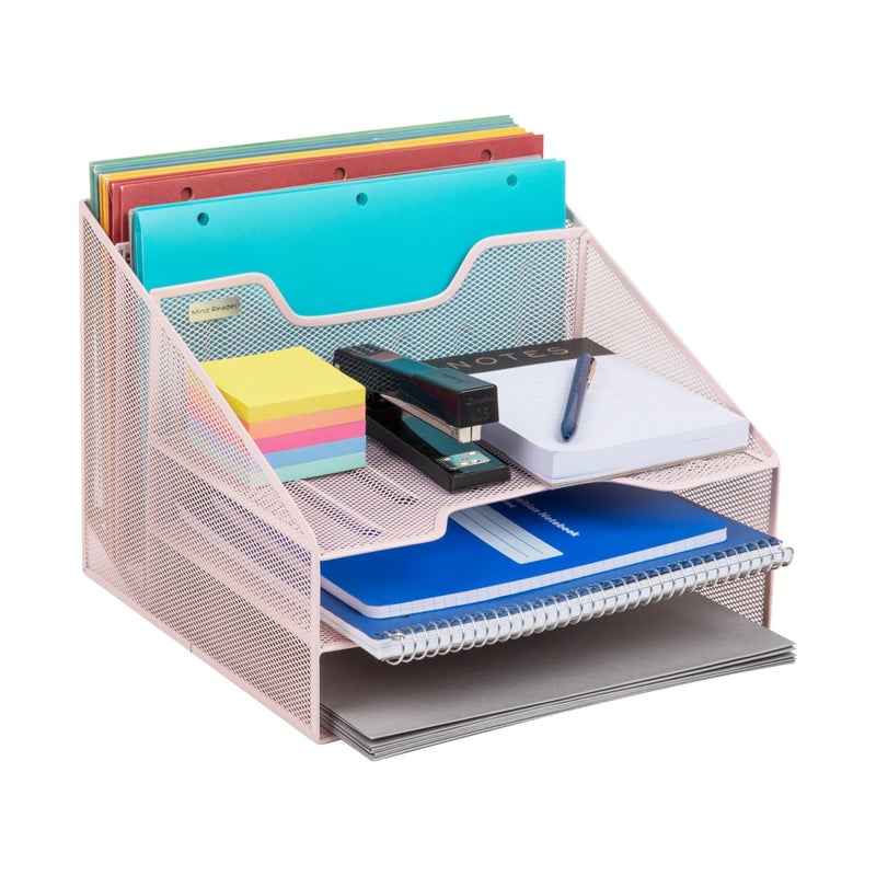 Mind Reader Metal Mesh Desktop File Organizer, 3-Tier Paper Tray with 5 Compartments, Office Mail Sorter, Pink - Image 1